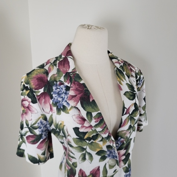 90’s botanical blazer short sleeve blouse button up floral long pockets vintage - Picture 8 of 16